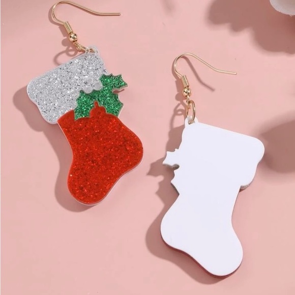 Red and White Glitter Resin Stocking Earrings - Picture 2 of 3